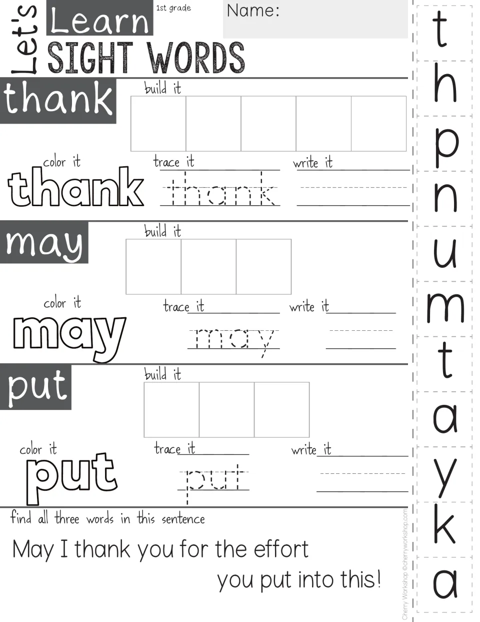 Sight words thank, may and put: students paste letters to spell each, color, trace and write it, and find it in a sentence