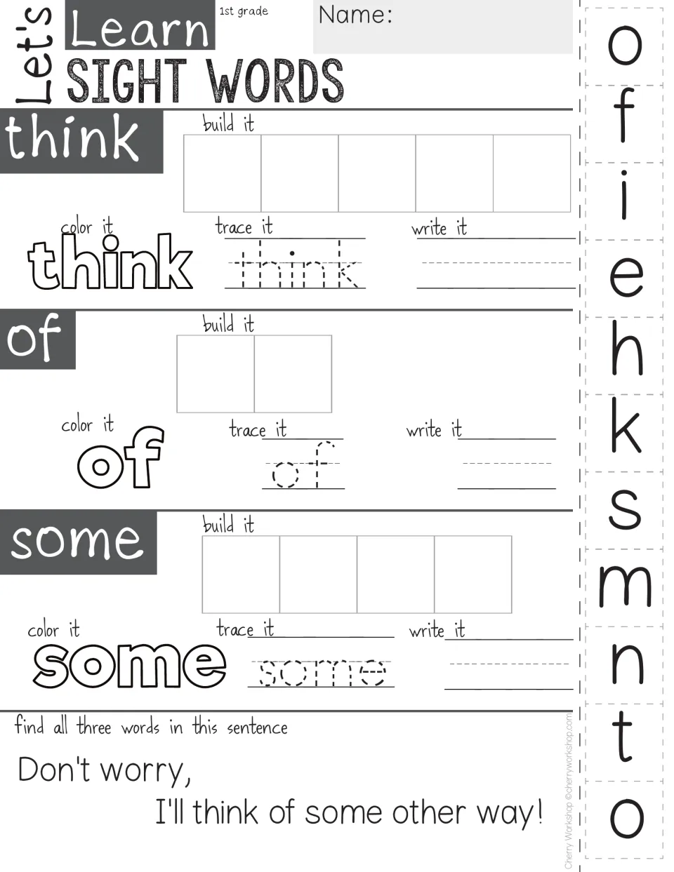 Sight words think, of and some: students cut and glue letters to spell each, color, trace, write and find it in a sentence