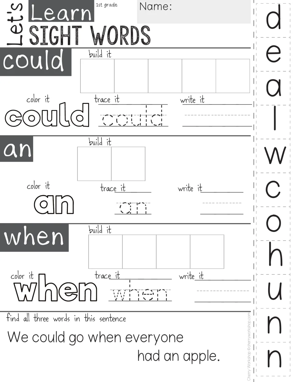 Sight words could, an and when: students spell each with letter tiles, color, trace, write and find all three in a sentence