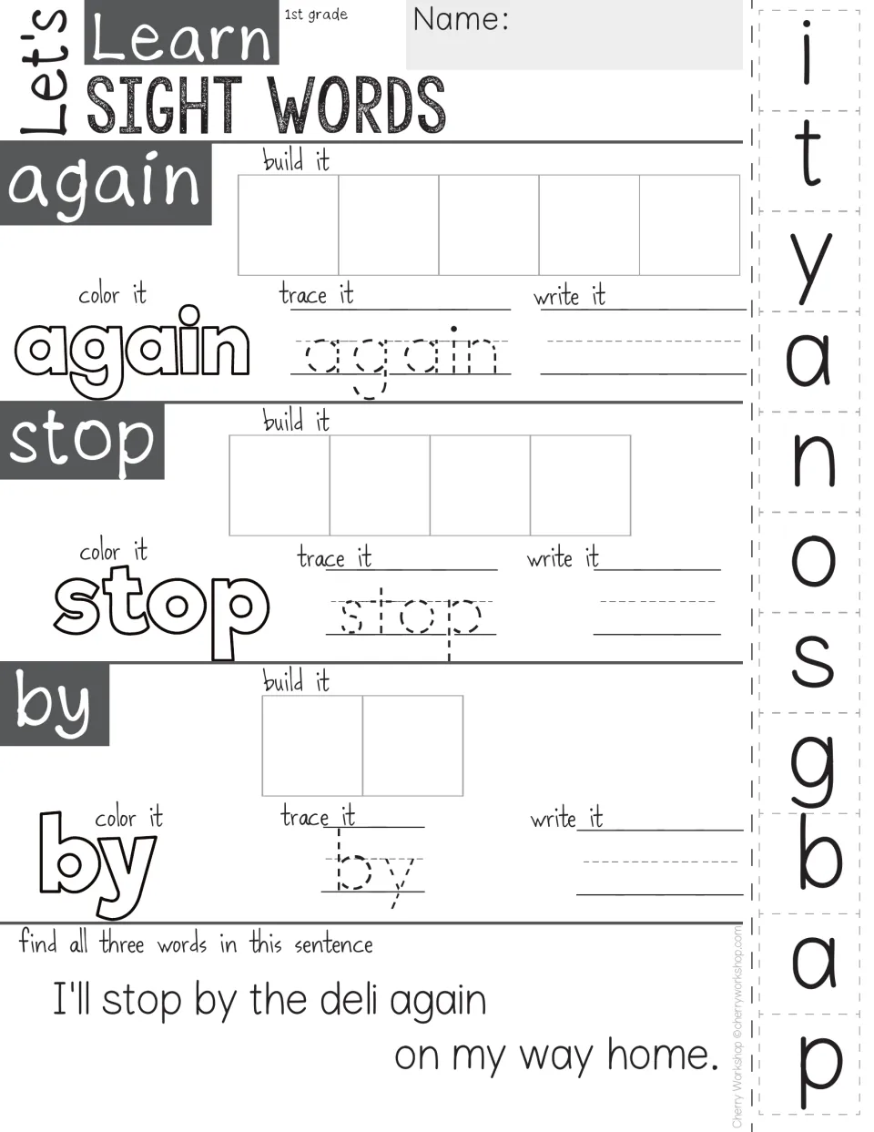 Sight words again, stop and by: students glue letter tiles to build each, color, trace, write and find it in a sentence