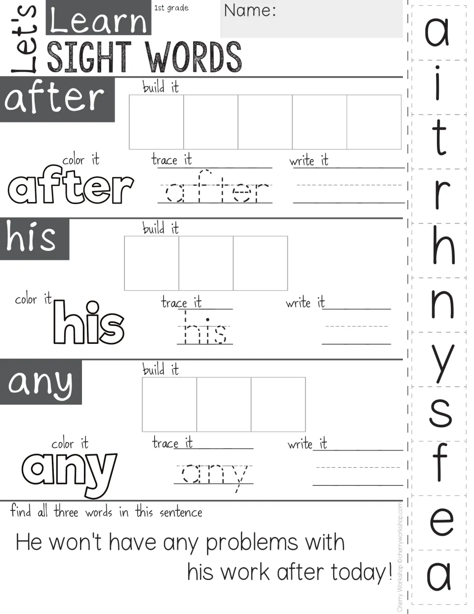 Sight words after, his and any: students cut letters to build each, color, trace and write it, then find it in a sentence
