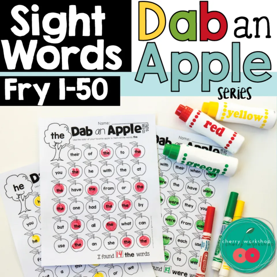 Cover of Sight Words Dab an Apple for Fry words 1–50, showing sample pages for the, he, and were.