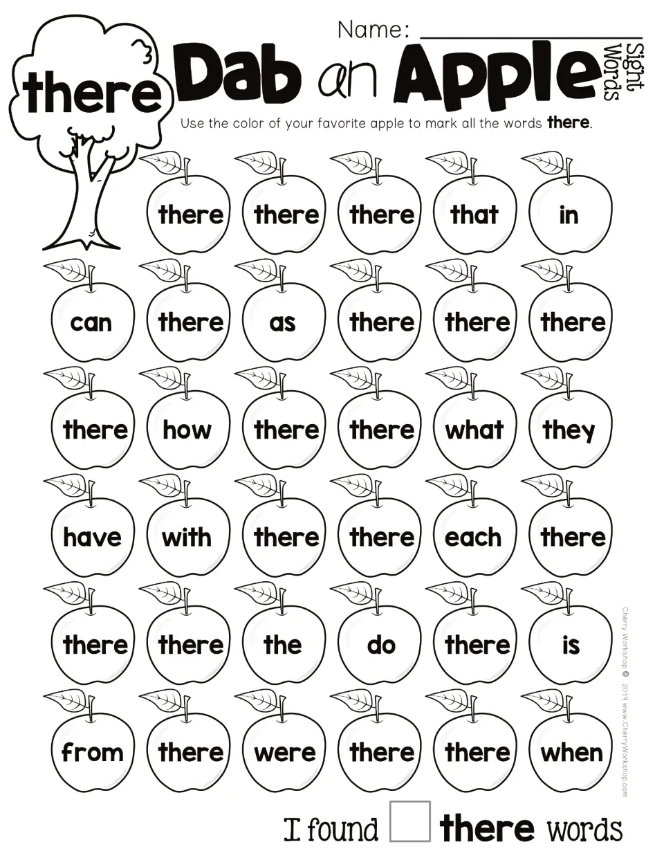 Sight word practice for there: mark matching apples among words such as that, in, and can, then count.