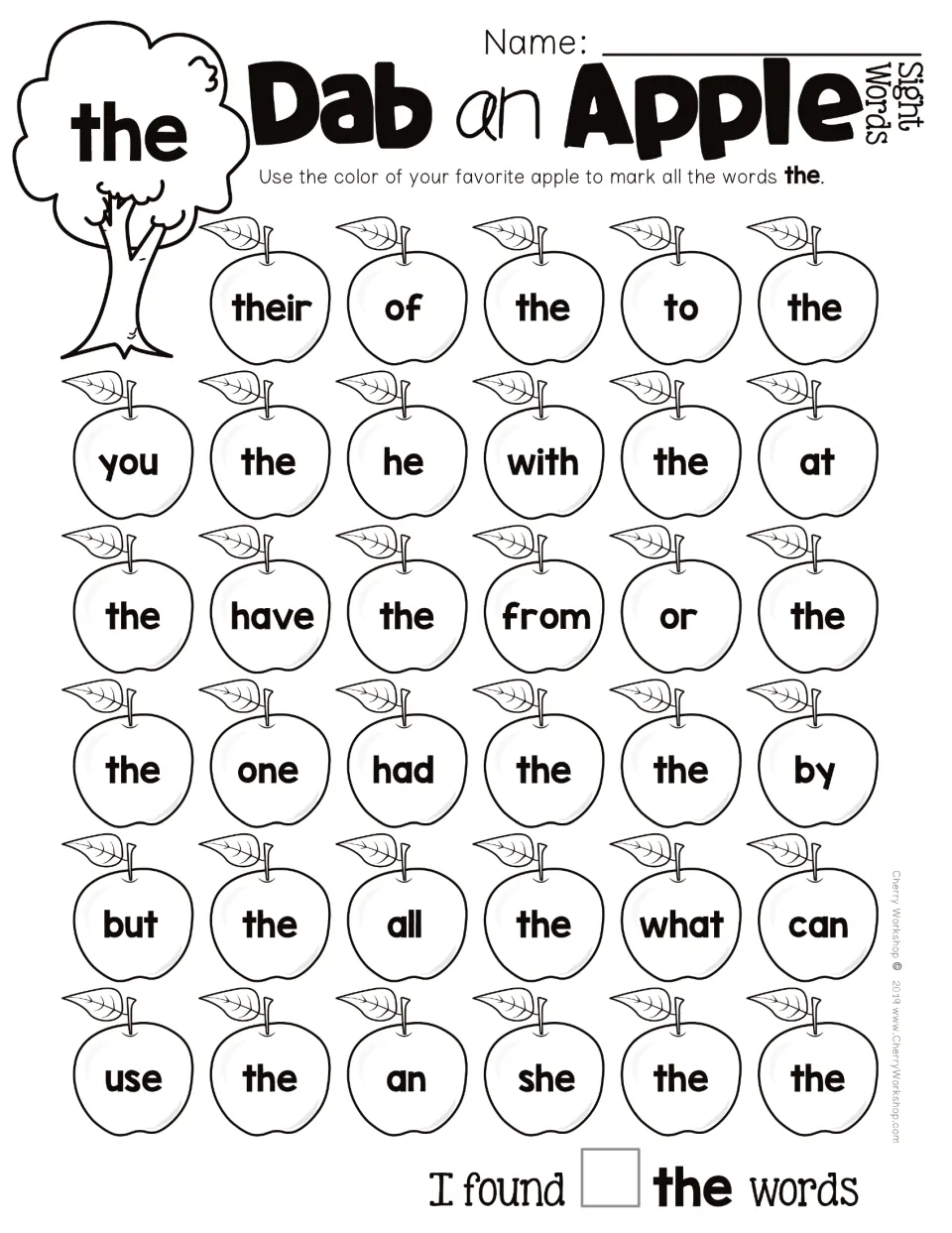 Sight word practice for the: find and mark matching apples among their, of, to, and other words, then count.