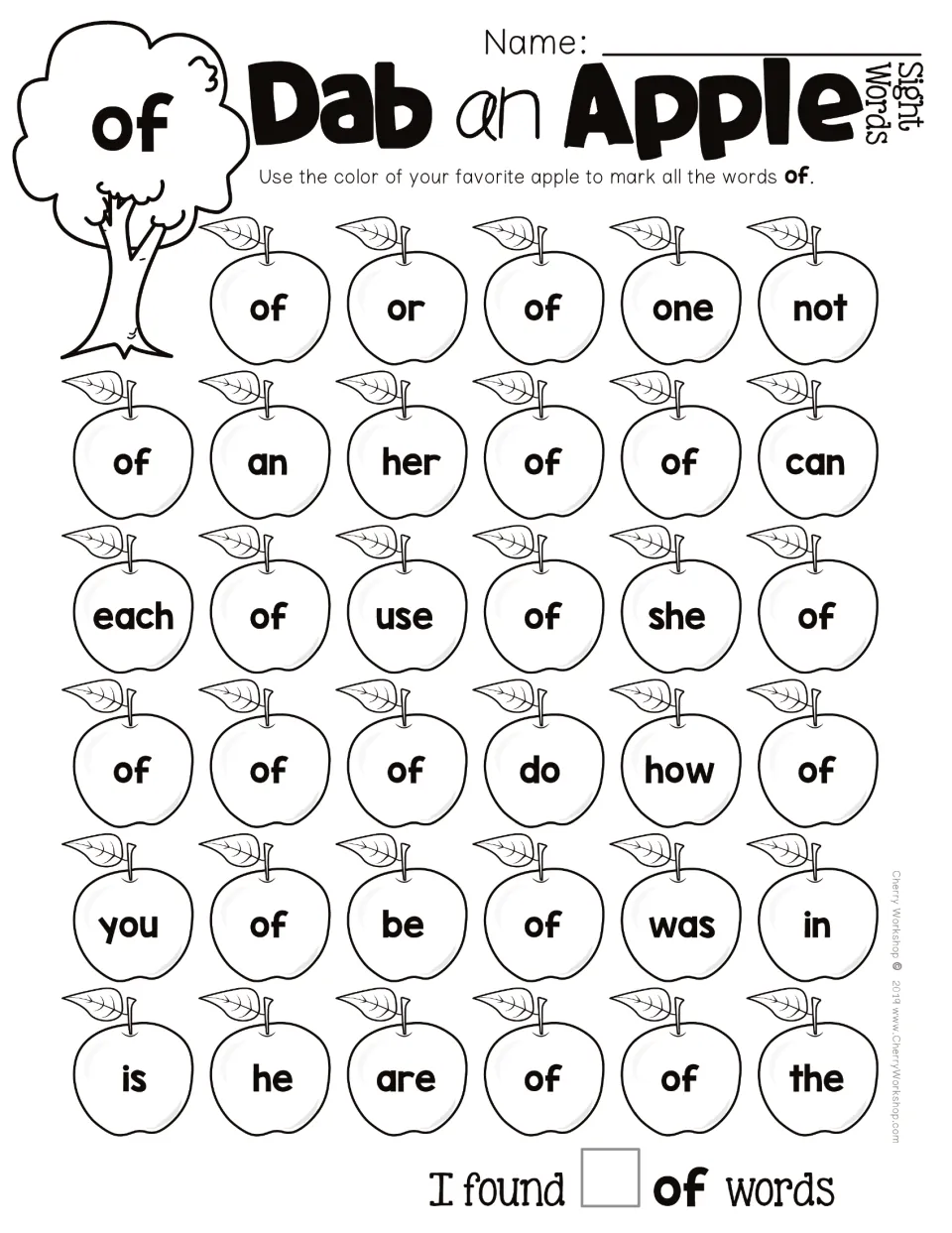 Sight word practice for of: mark matching apples among or, one, not, and other words, then record the total.