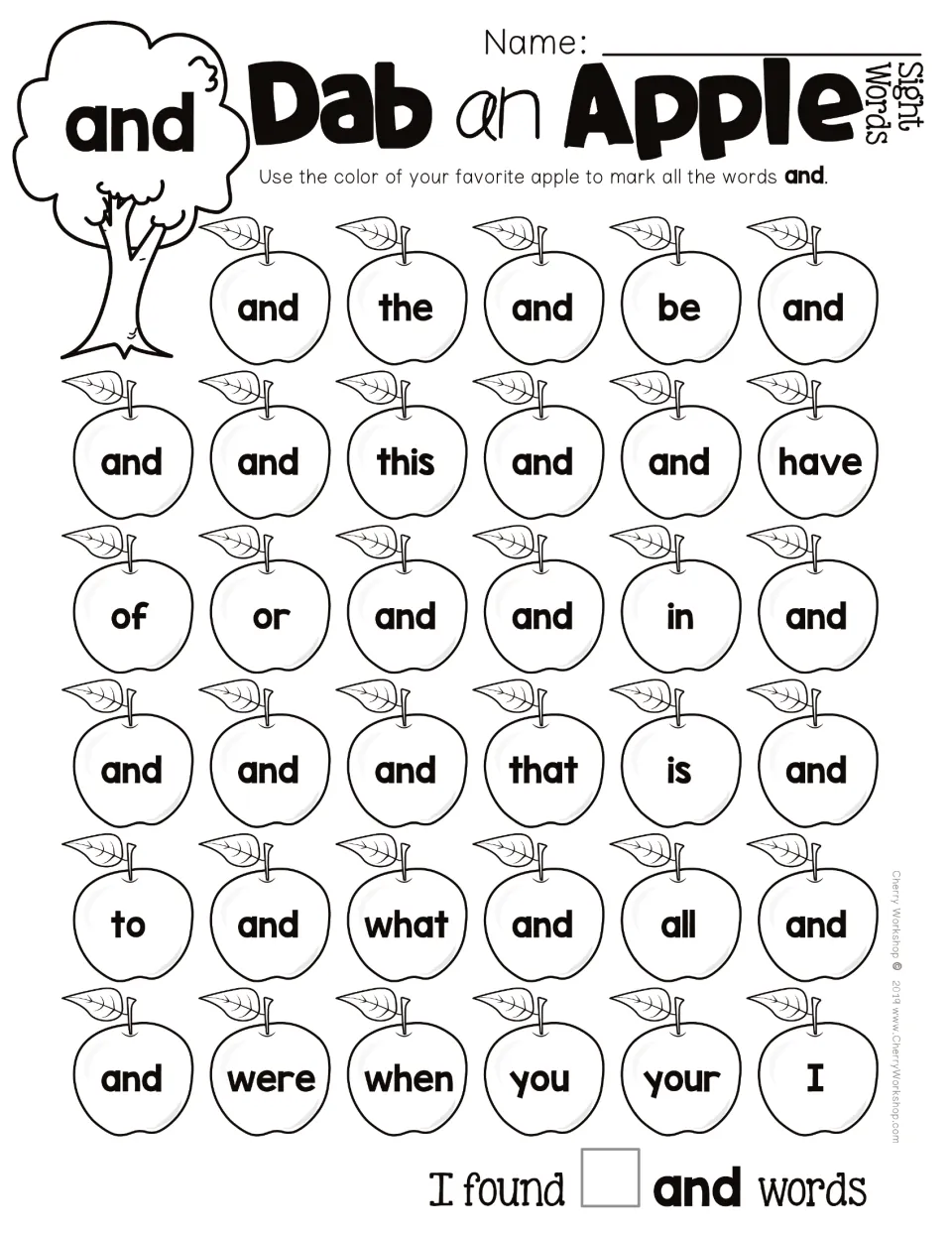 Sight word practice for and: find matching apples among the, be, this, and other words, then count them.