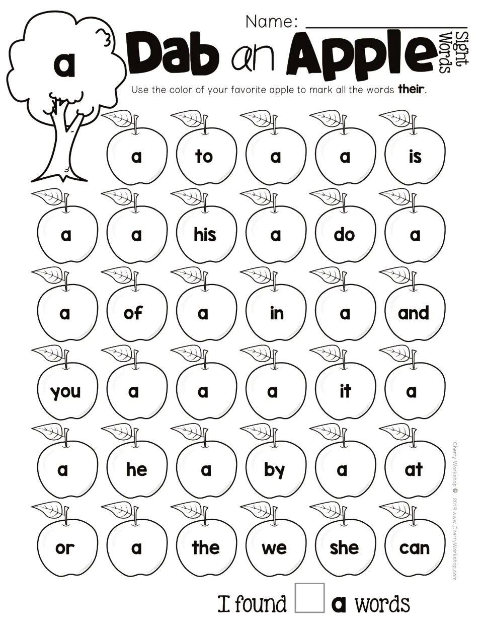 Sight word activity targeting a, with apples containing a, to, is, and other words and a final count prompt.