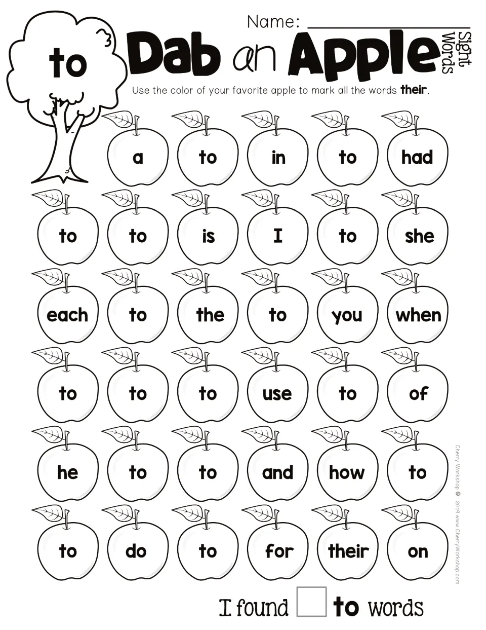 Sight word activity targeting to, with apples containing to, in, had, and other words and a count prompt.