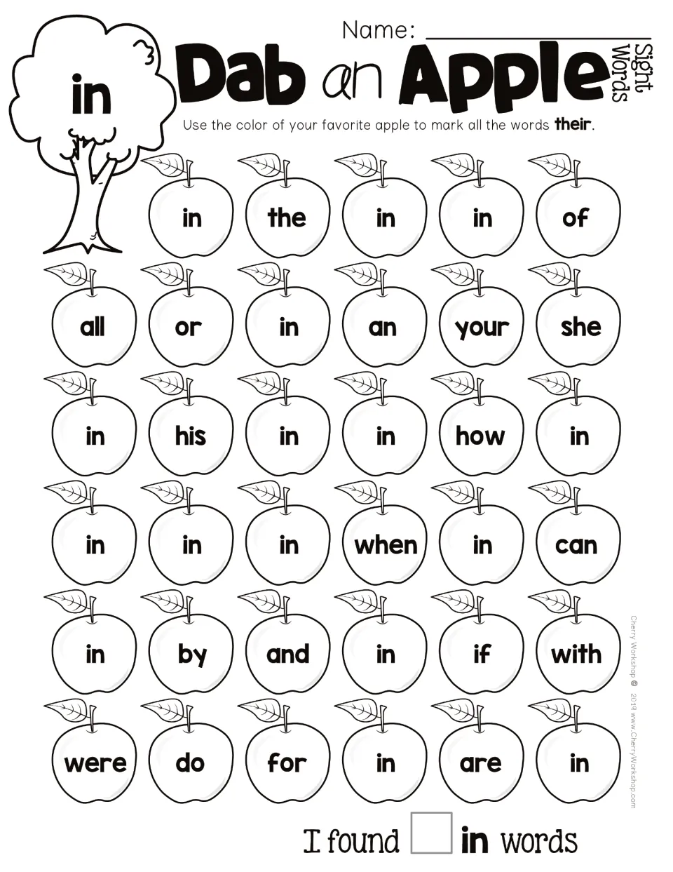 Sight word activity targeting in, with apples containing in, the, of, and other words and a count prompt.