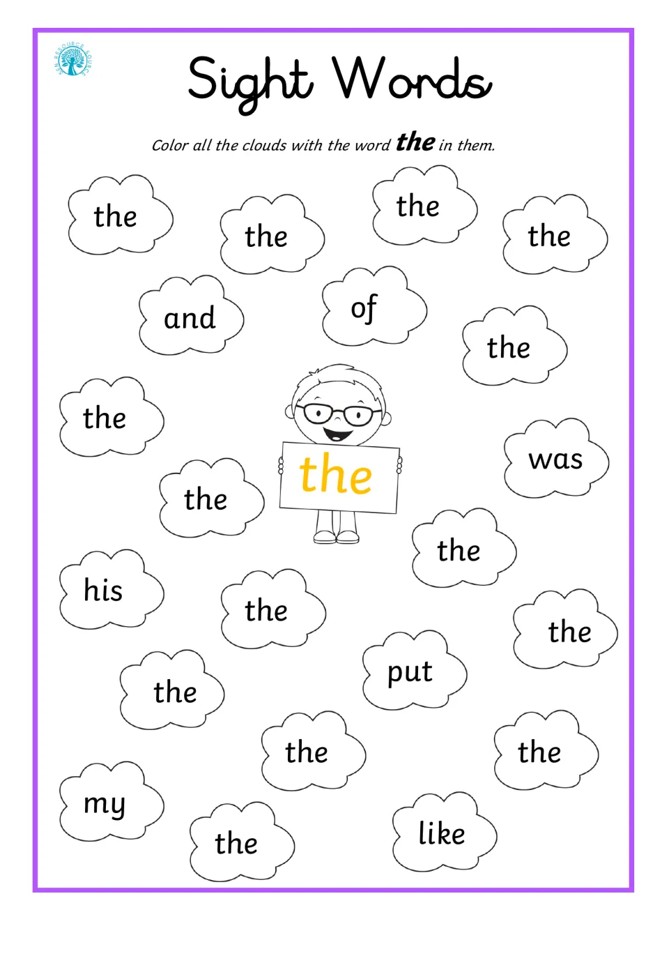 Sight word the: students color every cloud that says the, skipping clouds with and, of, was, his, put, my and like