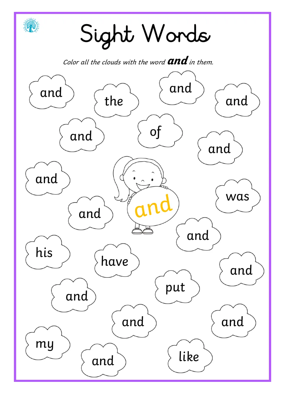 Sight word and: students find and color each cloud reading and, passing over the, of, was, his, have, put, my and like