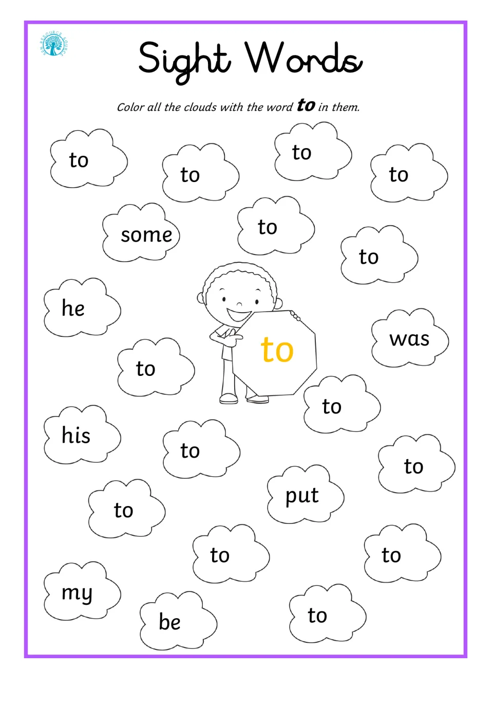 Sight word to: students color clouds showing to and leave some, he, was, his, put, my and be uncolored