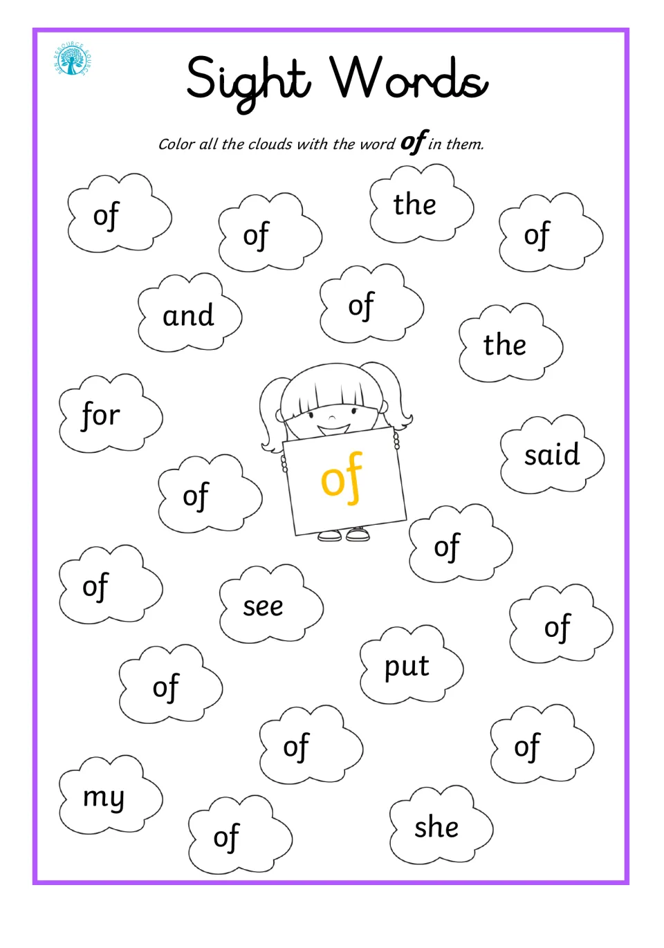 Sight word of: students color clouds with of while skipping the, and, for, said, see, put, my and she