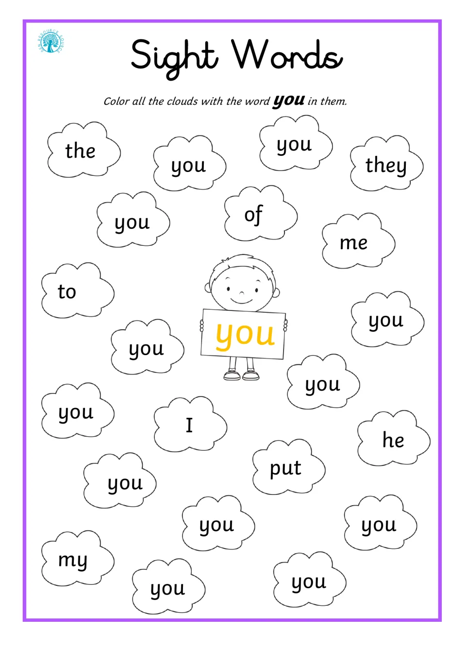 Sight word you: students color clouds reading you, ignoring the, they, of, me, to, I, he, put and my
