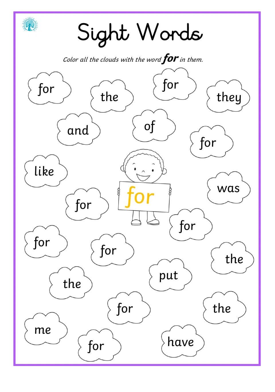 Sight word for: students color for clouds among the, they, and, of, like, was, put, me and have