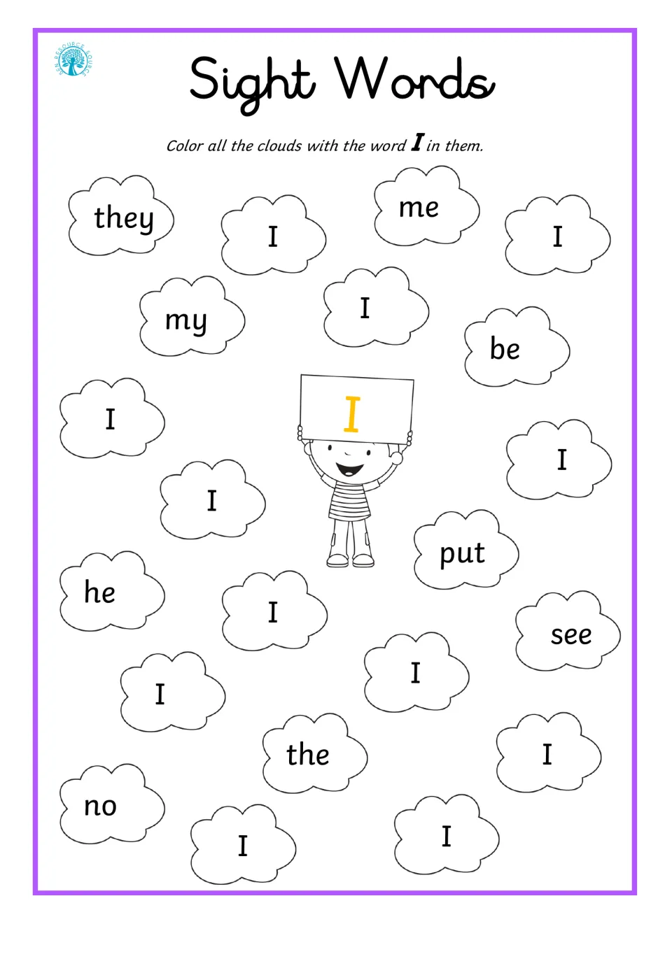 Sight word I: students color clouds with capital I, skipping they, me, my, be, he, put, see, the and no