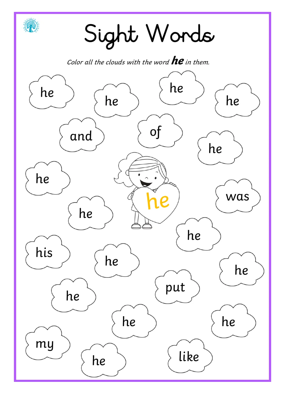 Sight word he: students color he clouds, telling it apart from his, and, of, was, put, my and like