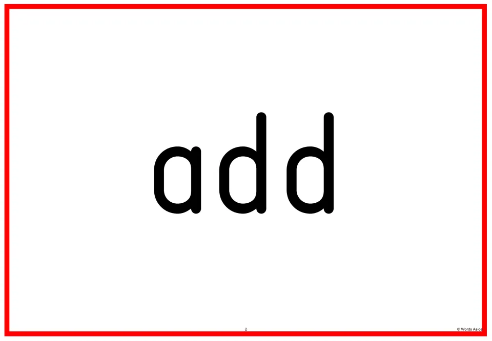 Sight word flashcard 2 in the Fry 201–300 set, showing the word “add” in lowercase for reading practice.
