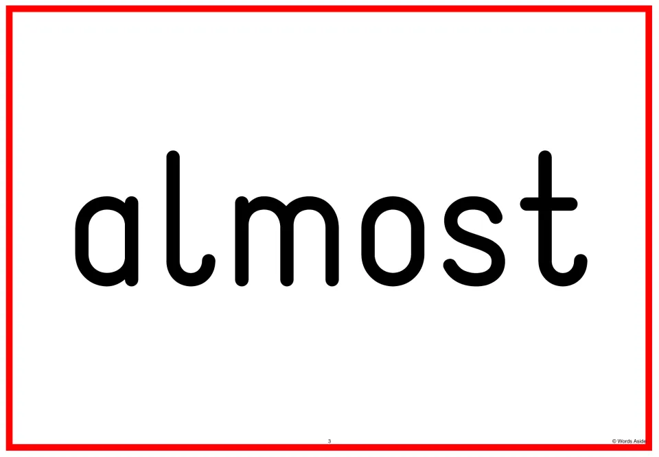 Sight word flashcard 3 in the Fry 201–300 set, showing the word “almost” in lowercase for reading practice.