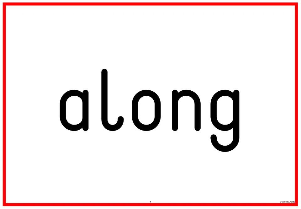 Sight word flashcard 4 in the Fry 201–300 set, showing the word “along” in lowercase for reading practice.