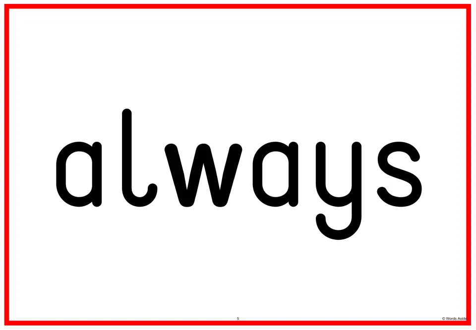 Sight word flashcard 5 in the Fry 201–300 set, showing the word “always” in lowercase for reading practice.