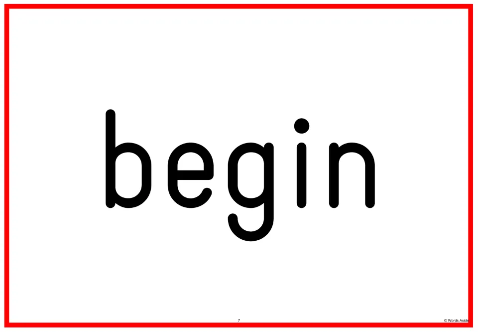 Sight word flashcard 7 in the Fry 201–300 set, showing the word “begin” in lowercase for reading practice.