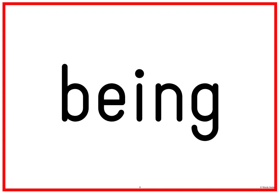 Sight word flashcard 8 in the Fry 201–300 set, showing the word “being” in lowercase for reading practice.