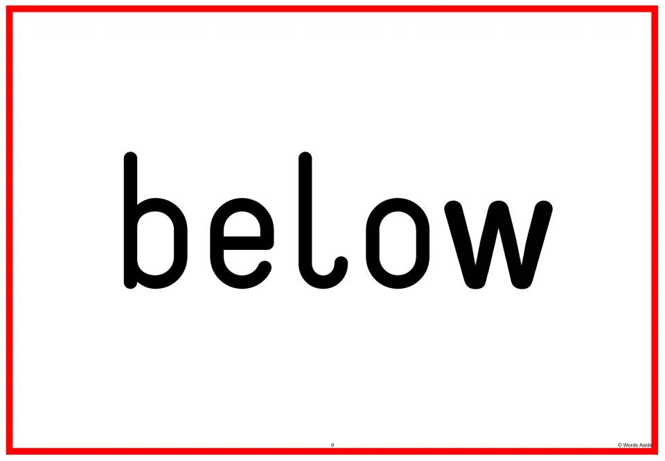 Sight word flashcard 9 in the Fry 201–300 set, showing the word “below” in lowercase for reading practice.