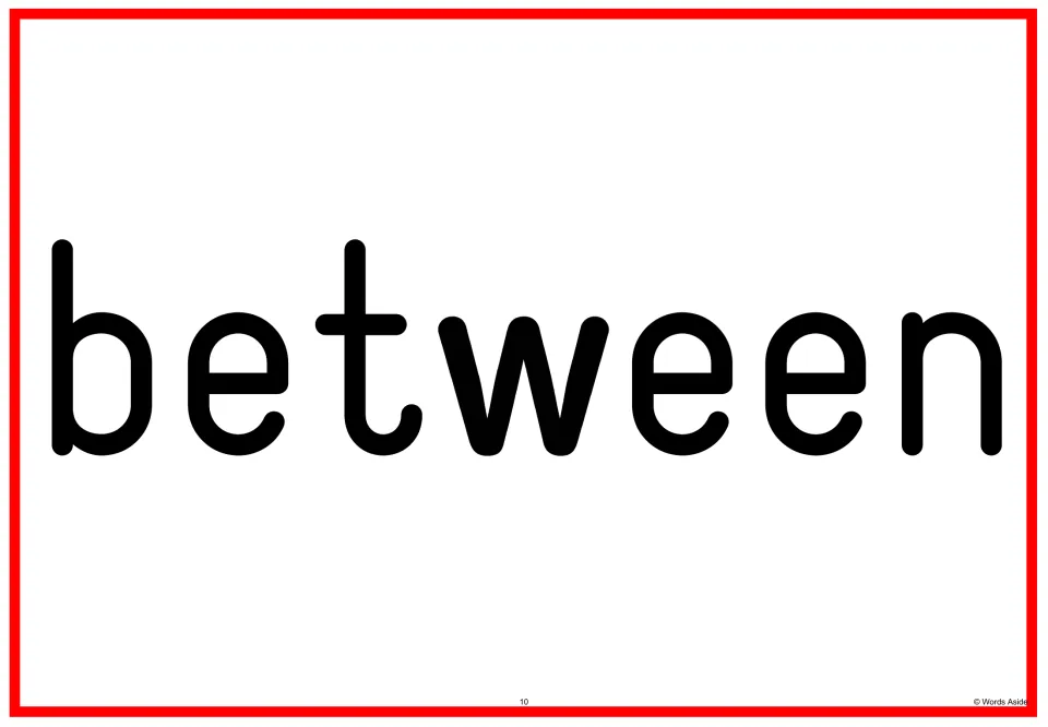 Sight word flashcard 10 in the Fry 201–300 set, showing the word “between” in lowercase for reading practice.