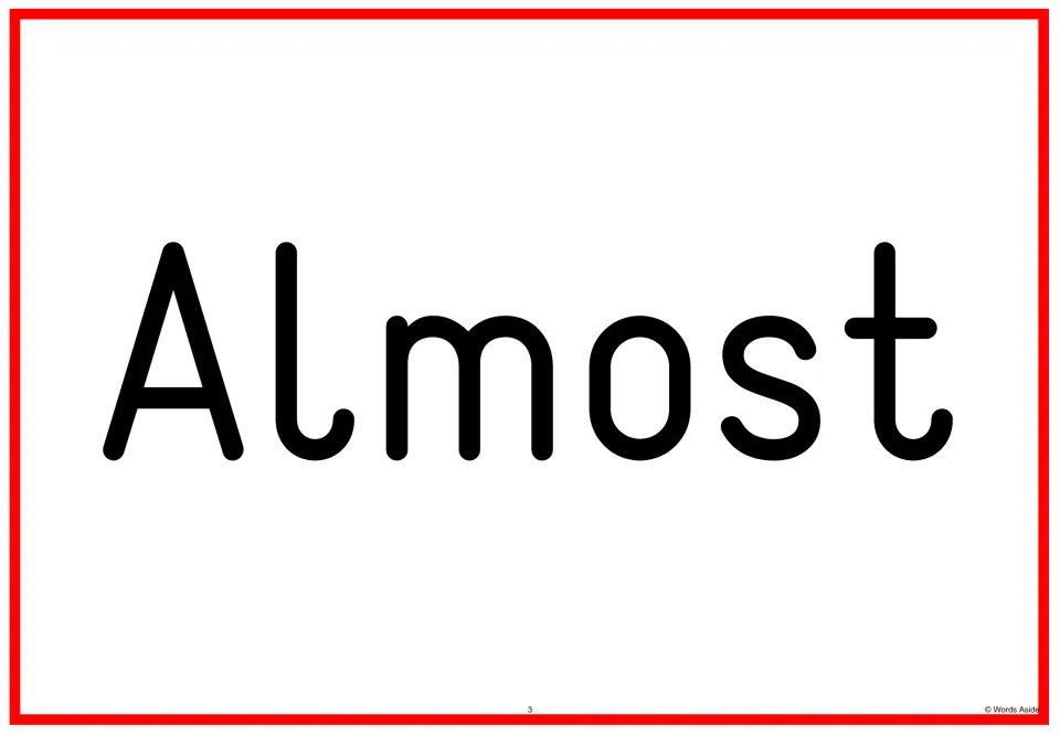 Sight word flashcard 3 displays the word “Almost” as a full-page card in the Fry sight words 201–300 set.