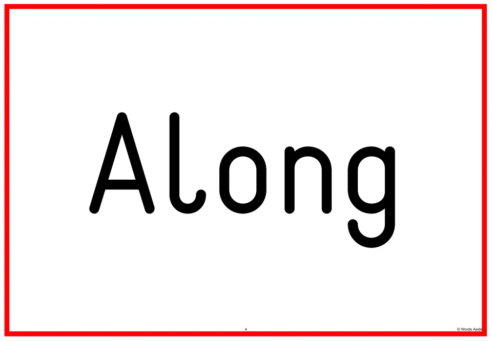 Sight word flashcard 4 displays the word “Along” as a full-page card in the Fry sight words 201–300 set.