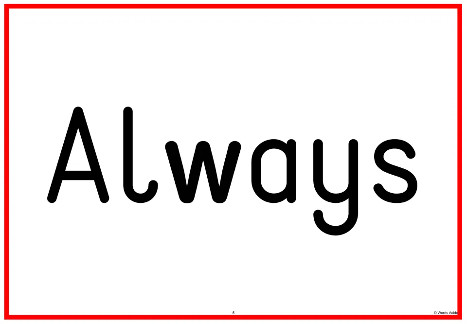 Sight word flashcard 5 displays the word “Always” as a full-page card in the Fry sight words 201–300 set.