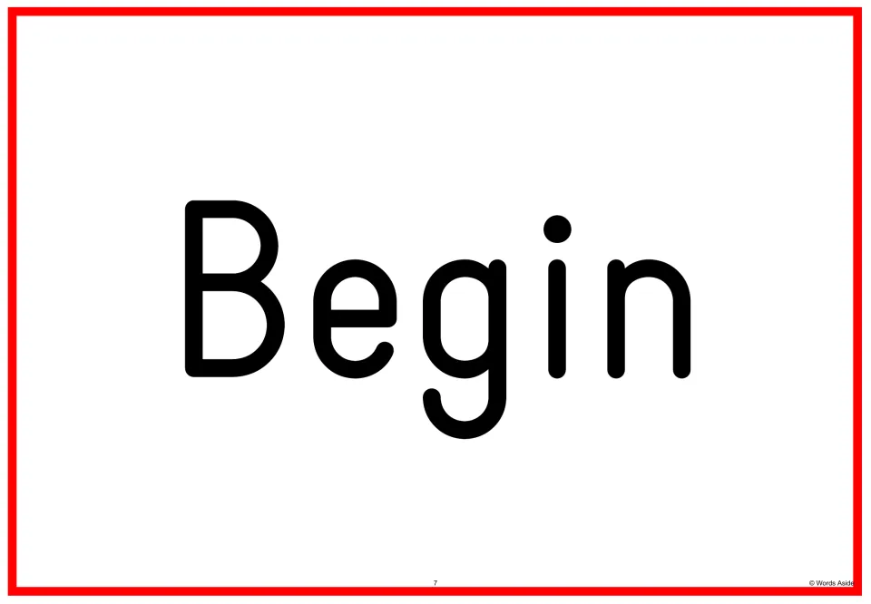 Sight word flashcard 7 displays the word “Begin” as a full-page card in the Fry sight words 201–300 set.