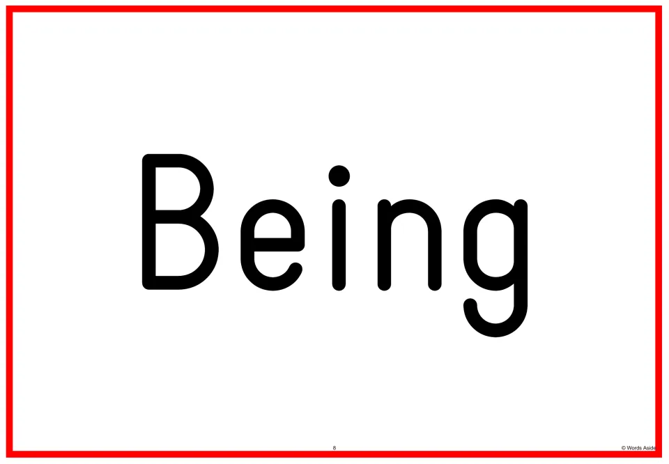Sight word flashcard 8 displays the word “Being” as a full-page card in the Fry sight words 201–300 set.