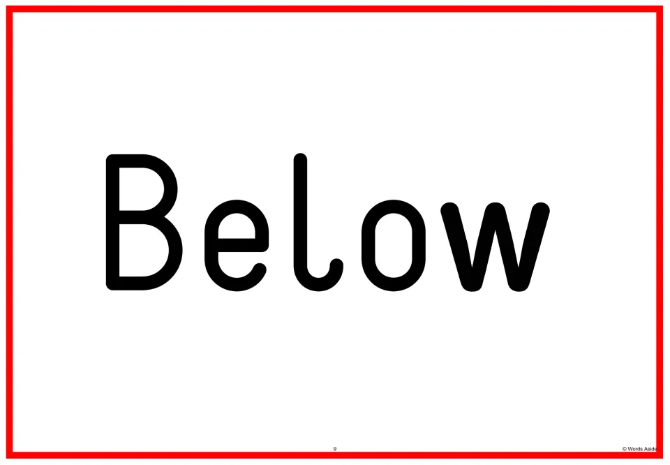 Sight word flashcard 9 displays the word “Below” as a full-page card in the Fry sight words 201–300 set.
