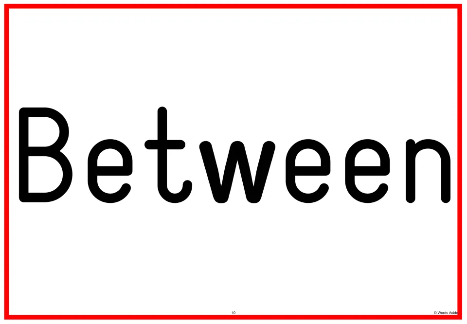 Sight word flashcard 10 displays the word “Between” as a full-page card in the Fry sight words 201–300 set.