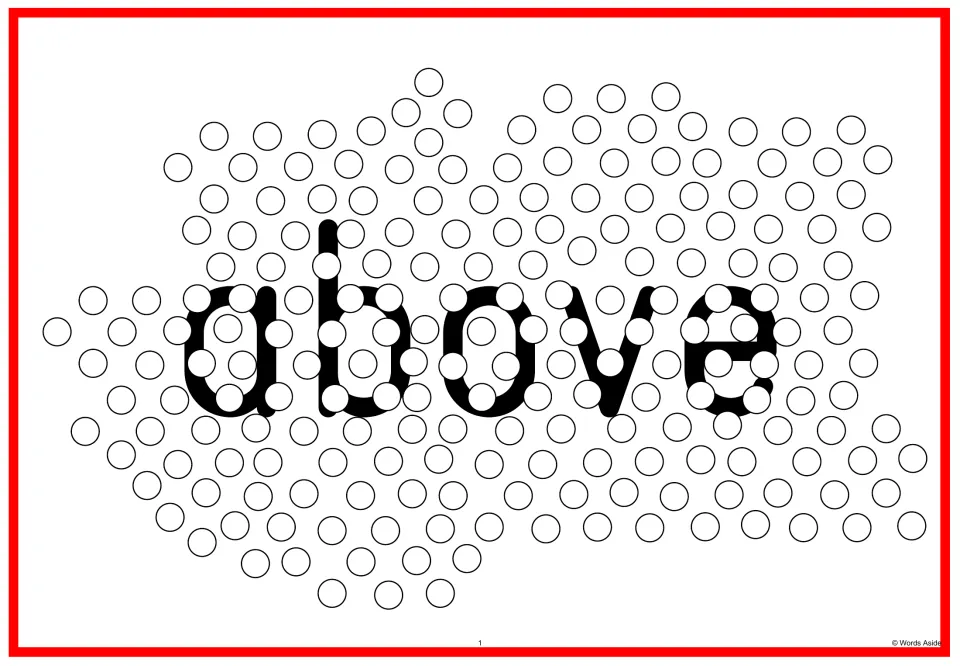 Sight word flash card 1: “above” in lowercase letters overlapped by circles for visual perception practice.