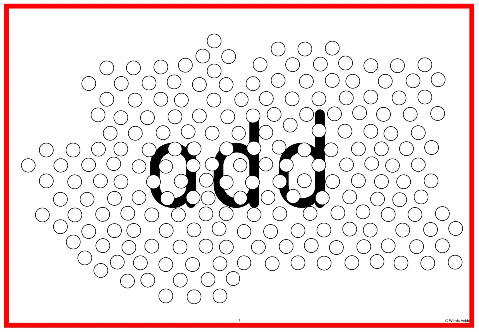 Sight word flash card 2: “add” in lowercase letters overlapped by circles for visual perception practice.