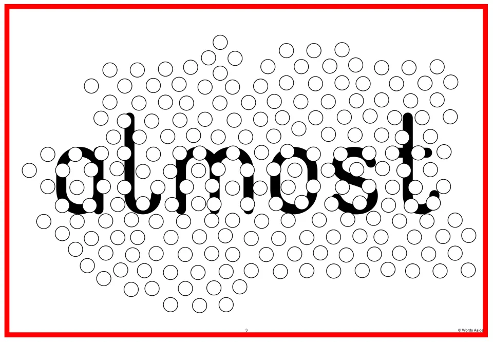 Sight word flash card 3: “almost” in lowercase letters overlapped by circles for visual perception practice.