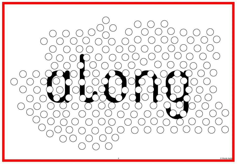 Sight word flash card 4: “along” in lowercase letters overlapped by circles for visual perception practice.