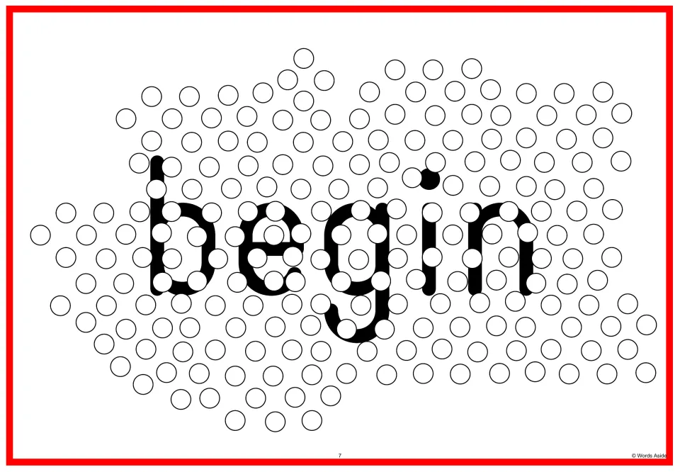 Sight word flash card 7: “begin” in lowercase letters overlapped by circles for visual perception practice.