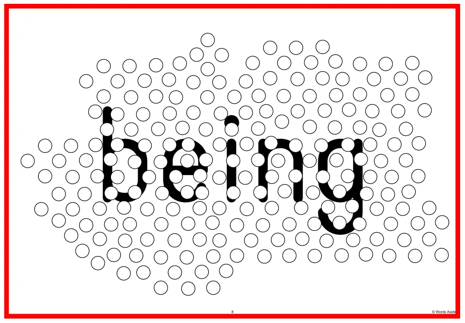 Sight word flash card 8: “being” in lowercase letters overlapped by circles for visual perception practice.