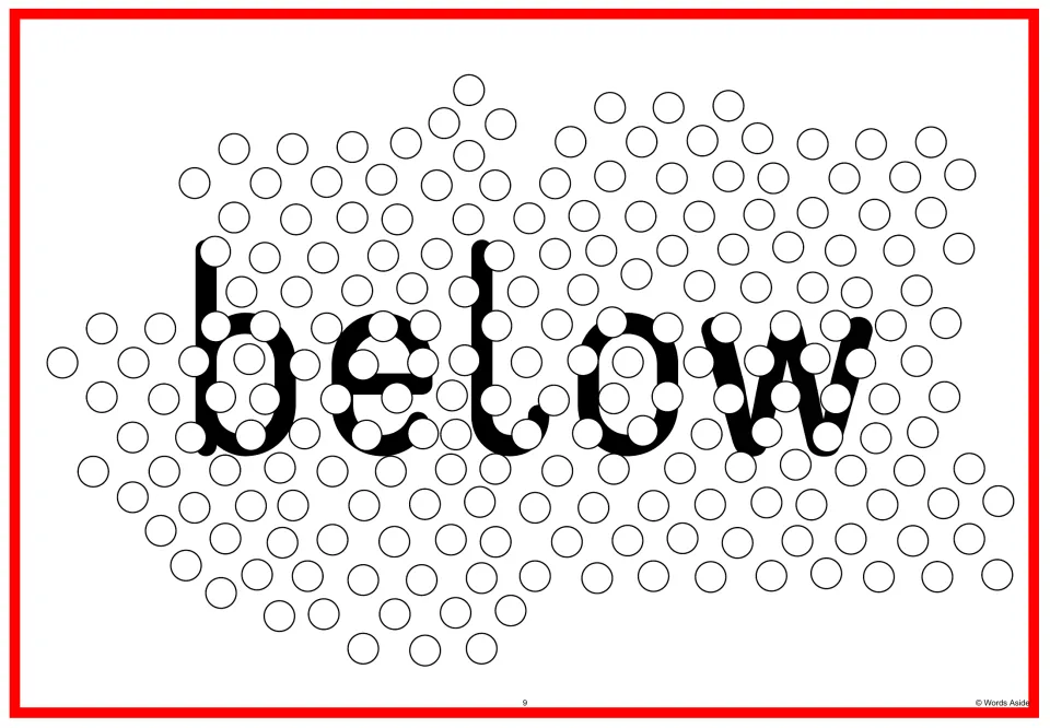Sight word flash card 9: “below” in lowercase letters overlapped by circles for visual perception practice.