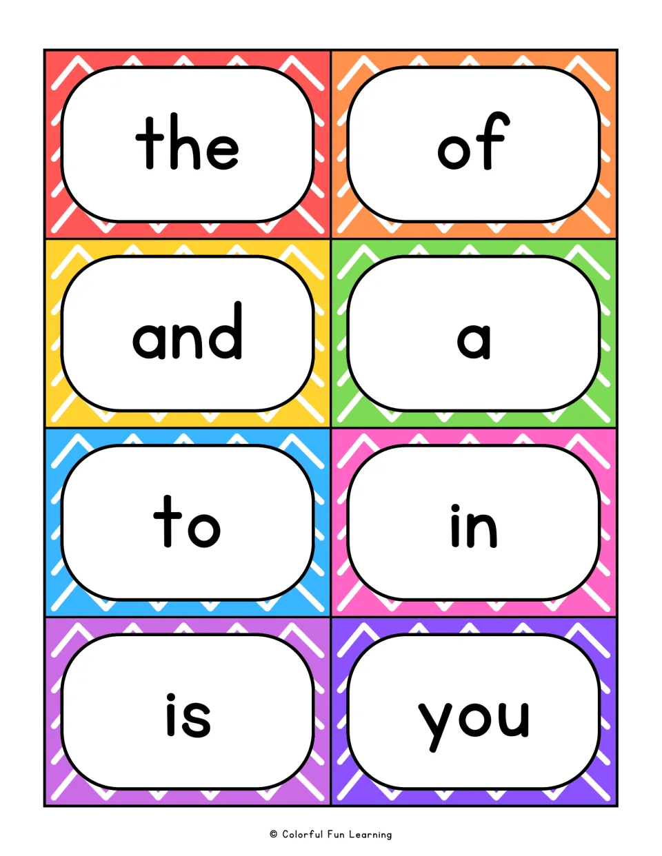 Fry sight word flash cards for the, of, and, a, to, in, is and you; students read each printed word aloud on sight