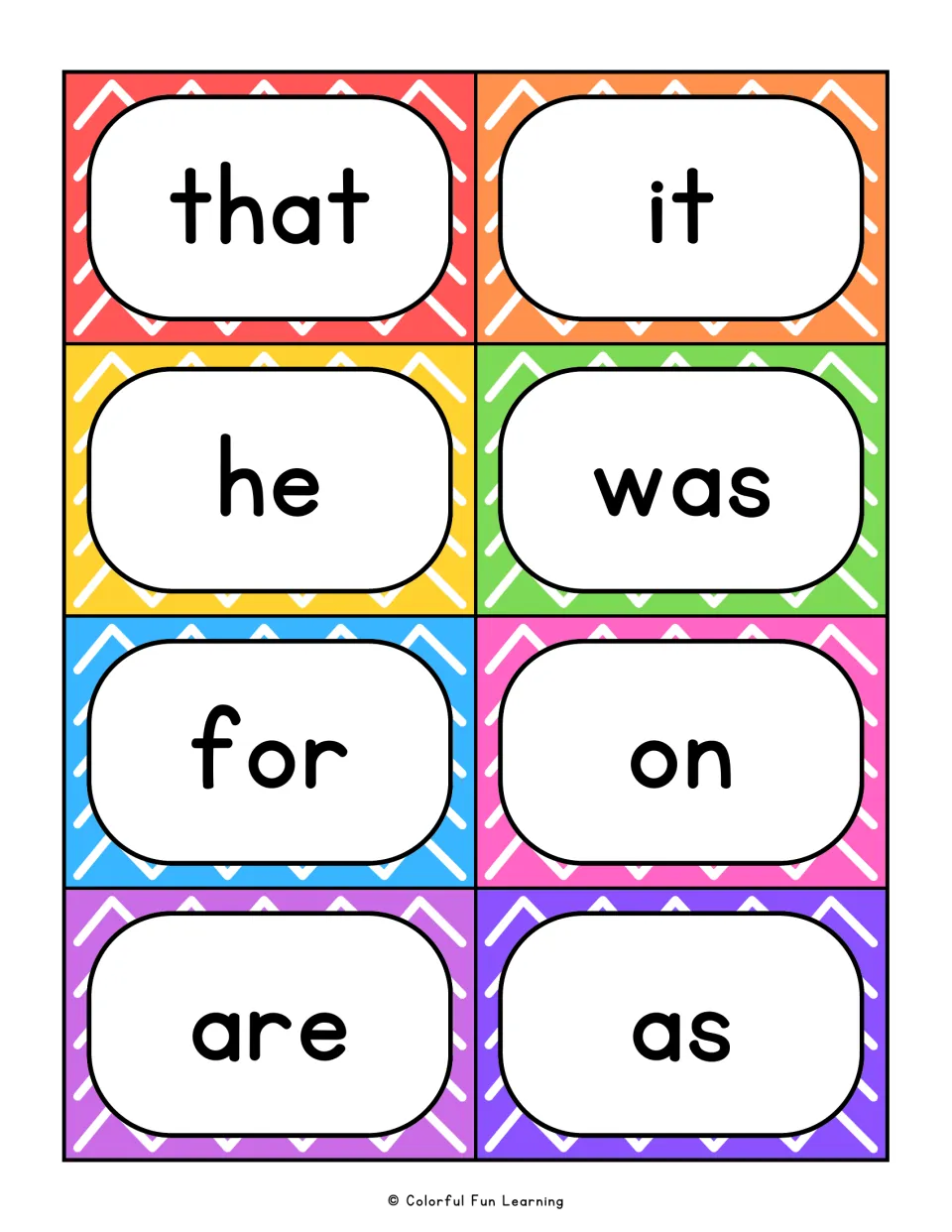 Eight cards showing that, it, he, was, for, on, are and as for students to recognize and say quickly in fluency practice