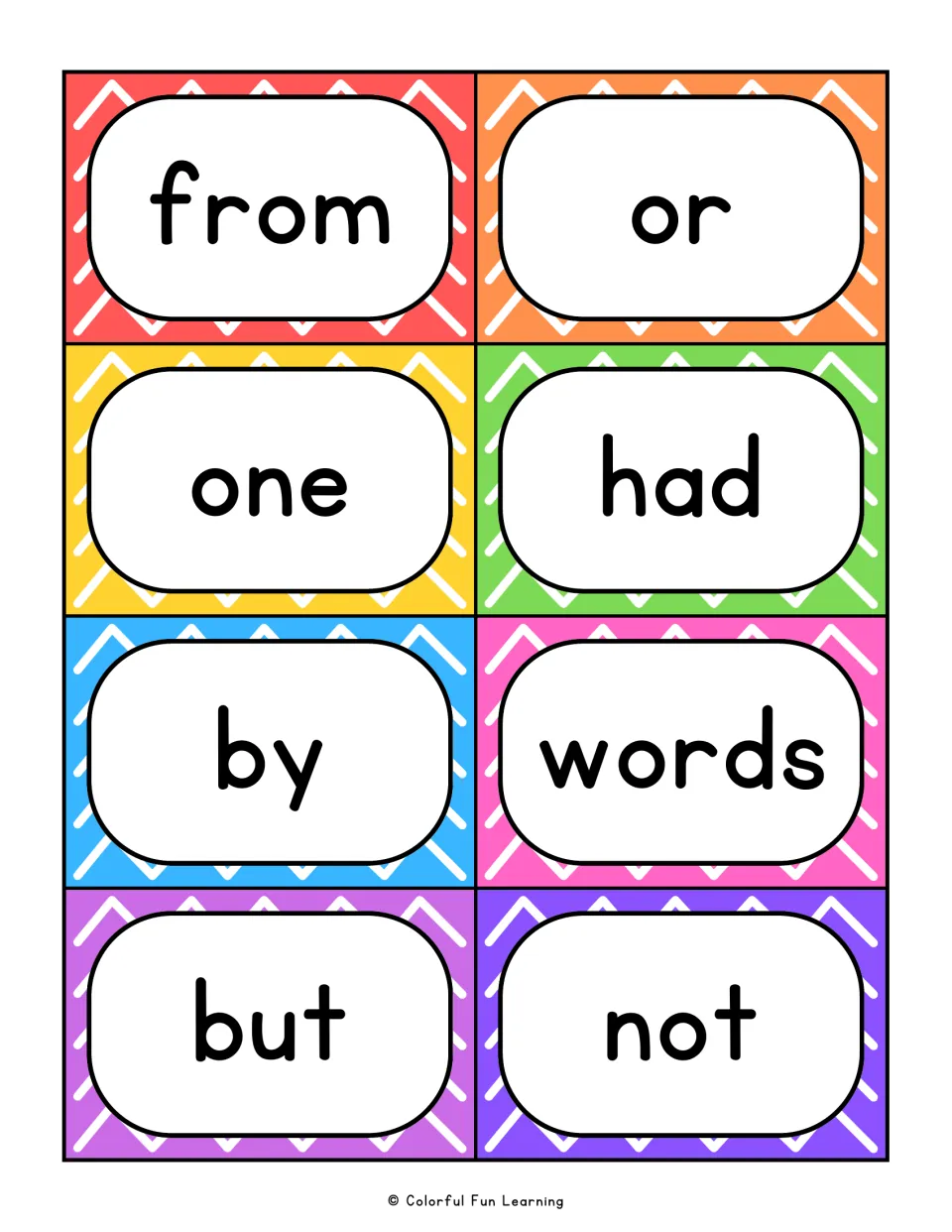 Cards for from, or, one, had, by, words, but and not; learners read each high-frequency word without sounding it out