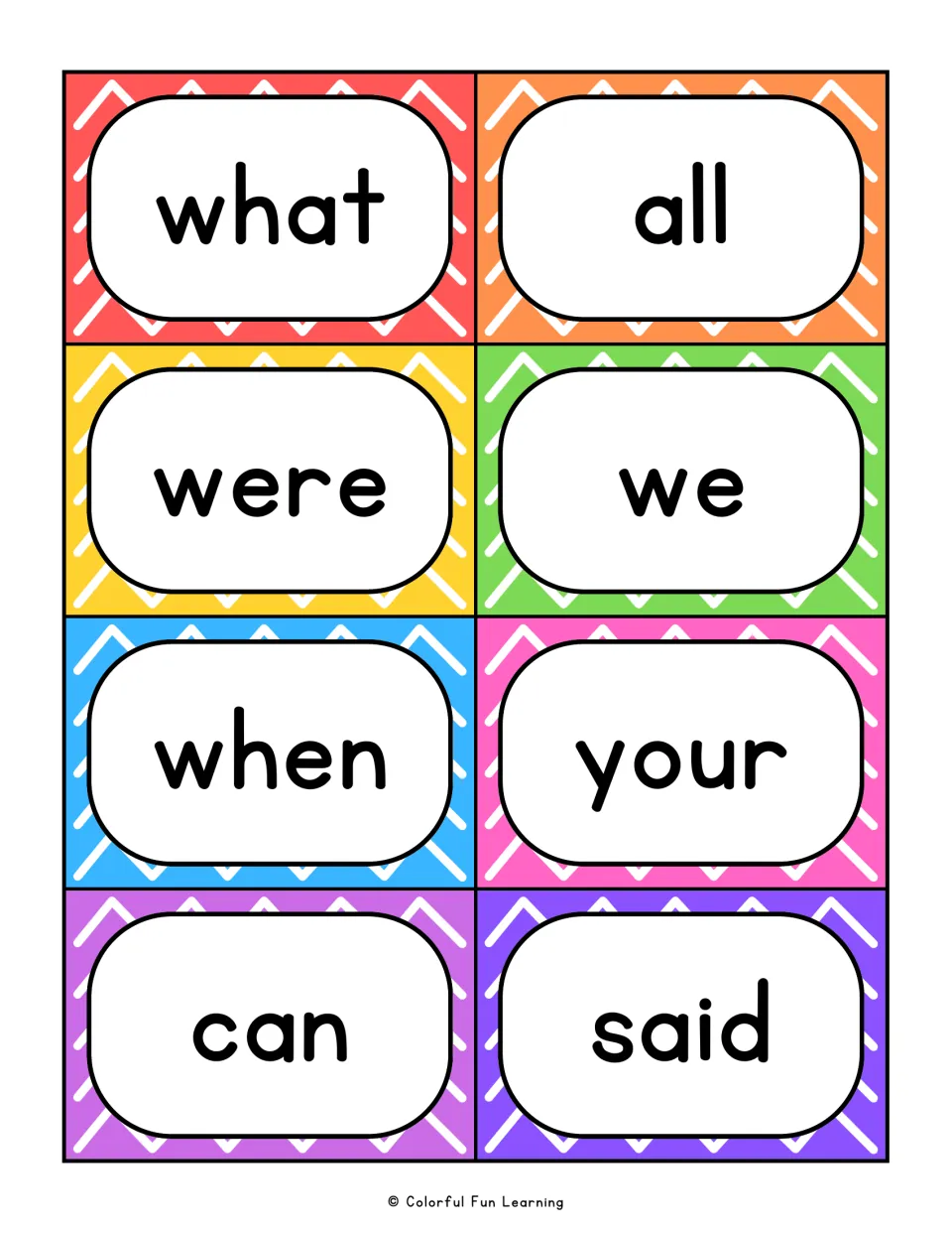 Sight word cards for what, all, were, we, when, your, can and said, read aloud by students for automatic recall practice