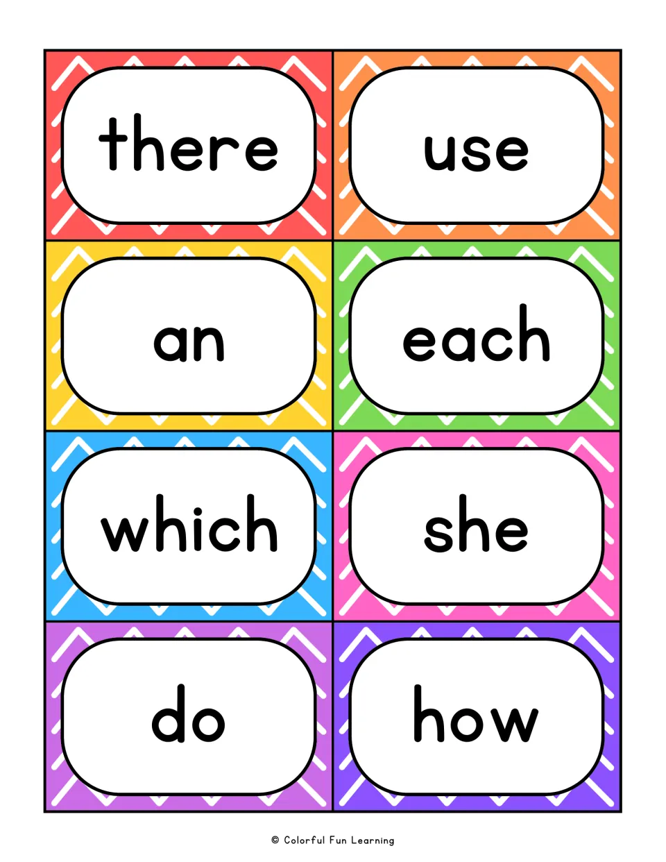 Flash cards printed with there, use, an, each, which, she, do and how for students to name at a glance