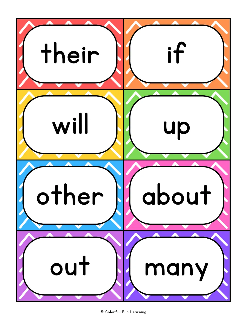 High-frequency word cards for their, if, will, up, other, about, out and many; students read them aloud for speed