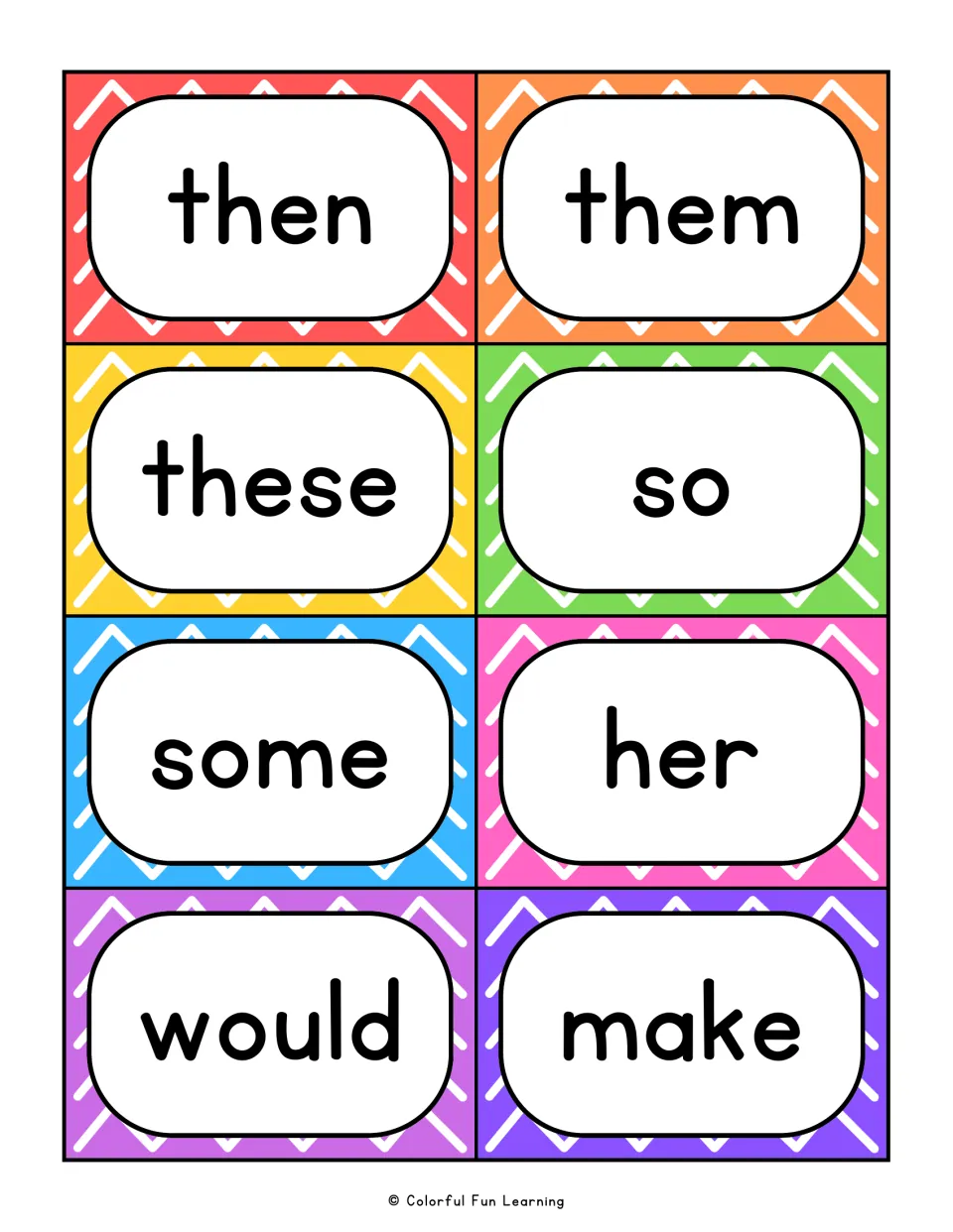 Cards reading then, them, these, so, some, her, would and make; students tell look-alike words apart by sight